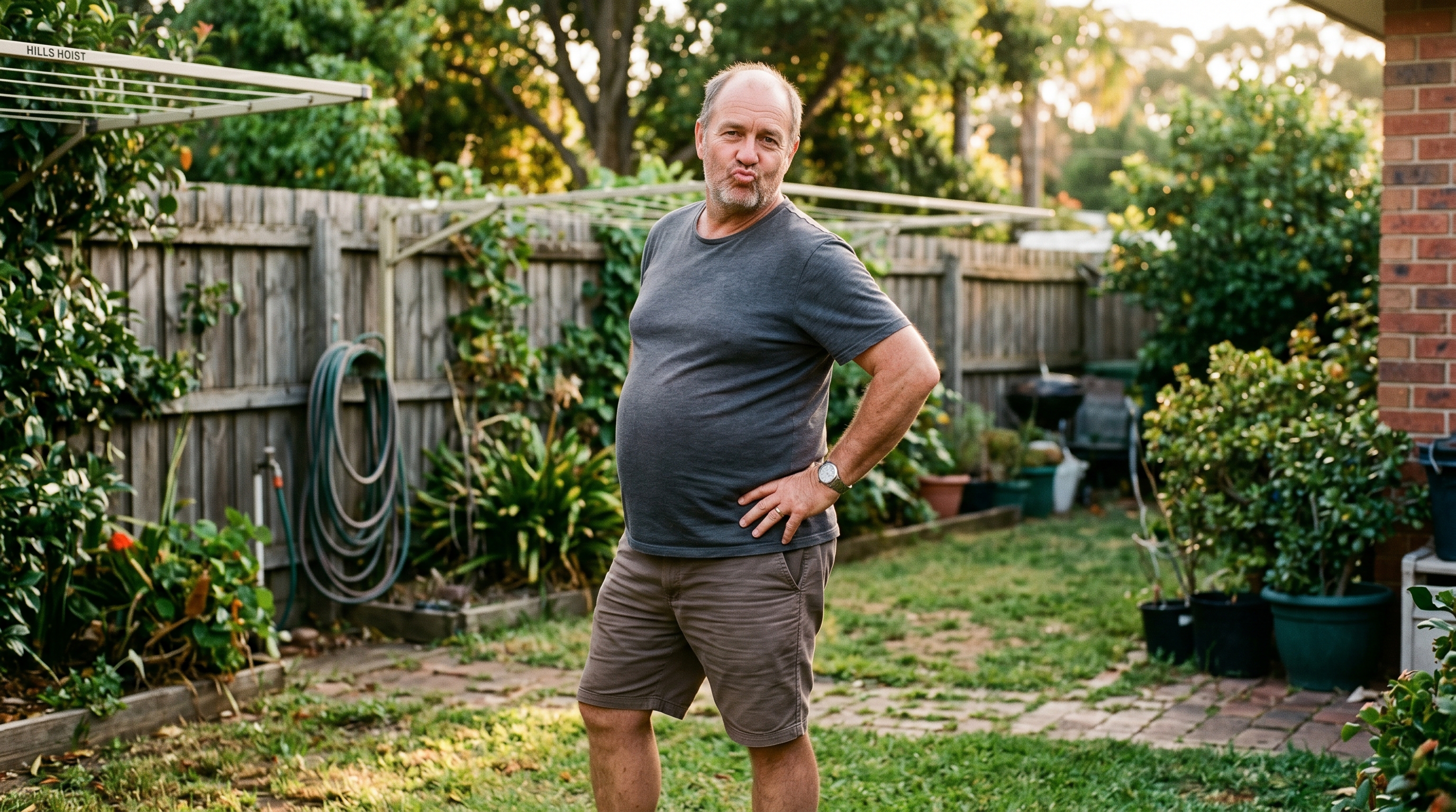 An ordinary middle-aged Australian bloke posing in a charcoal Male By Nature tee in his backyard
