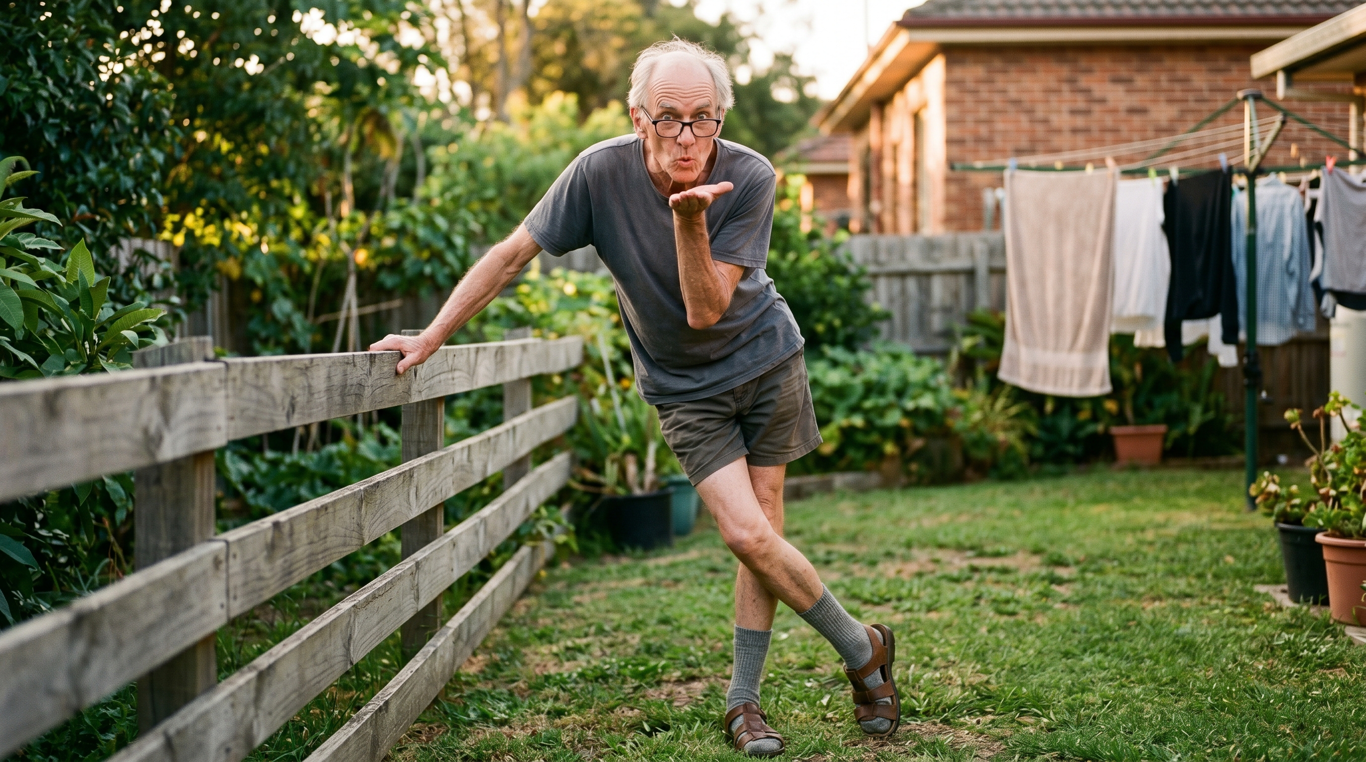 A tall, lanky older Australian bloke in socks and sandals blowing a kiss over the back fence in a charcoal Male By Nature tee