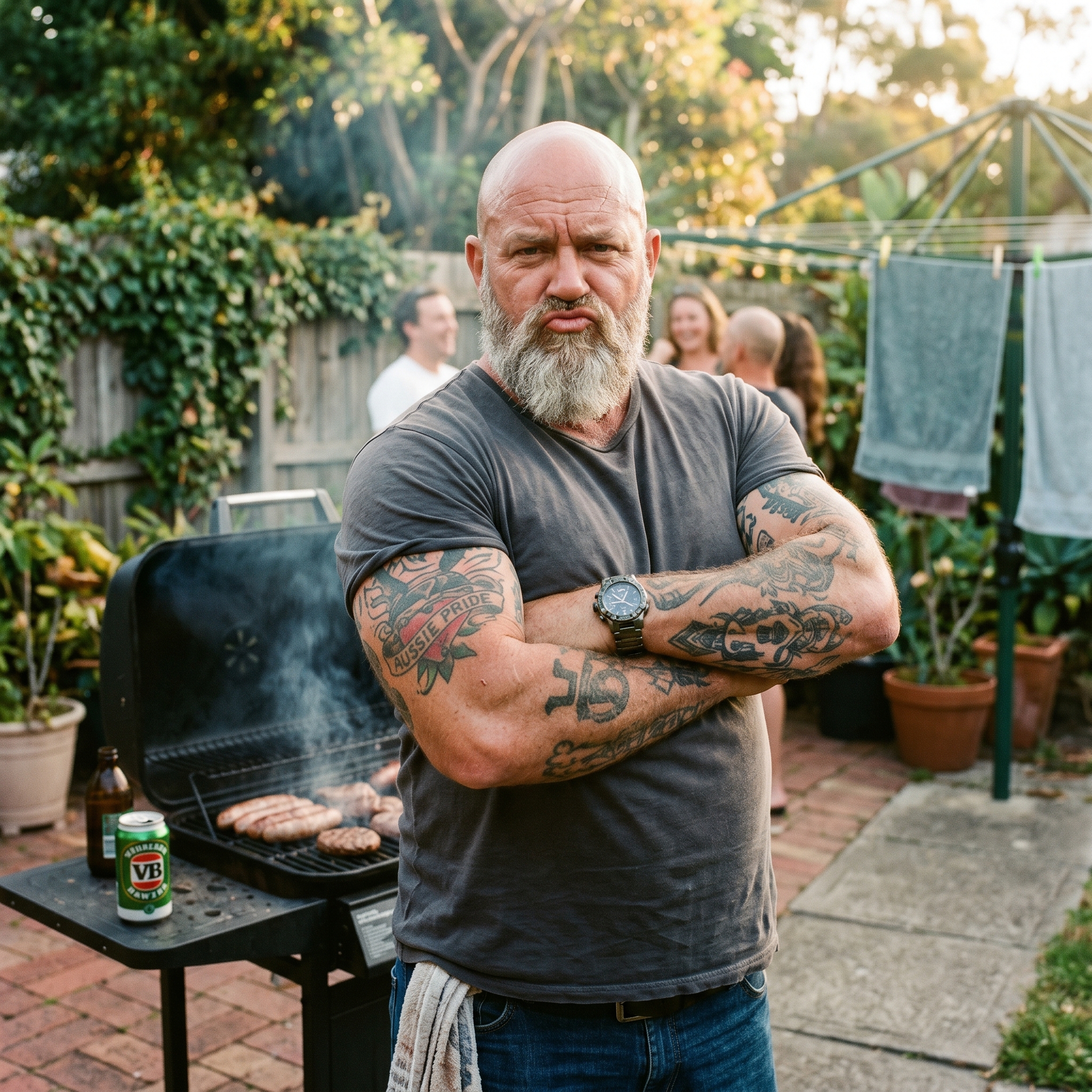 A big, tattooed, bald Australian bloke with arms crossed at his backyard BBQ in a charcoal Male By Nature tee